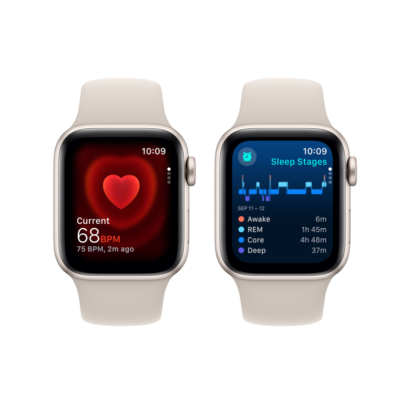 Apple Watch SE 2024, 40 мм, корпус из алюминия цвета «Сияющая звезда», спортивный ремешок, размер S/M
