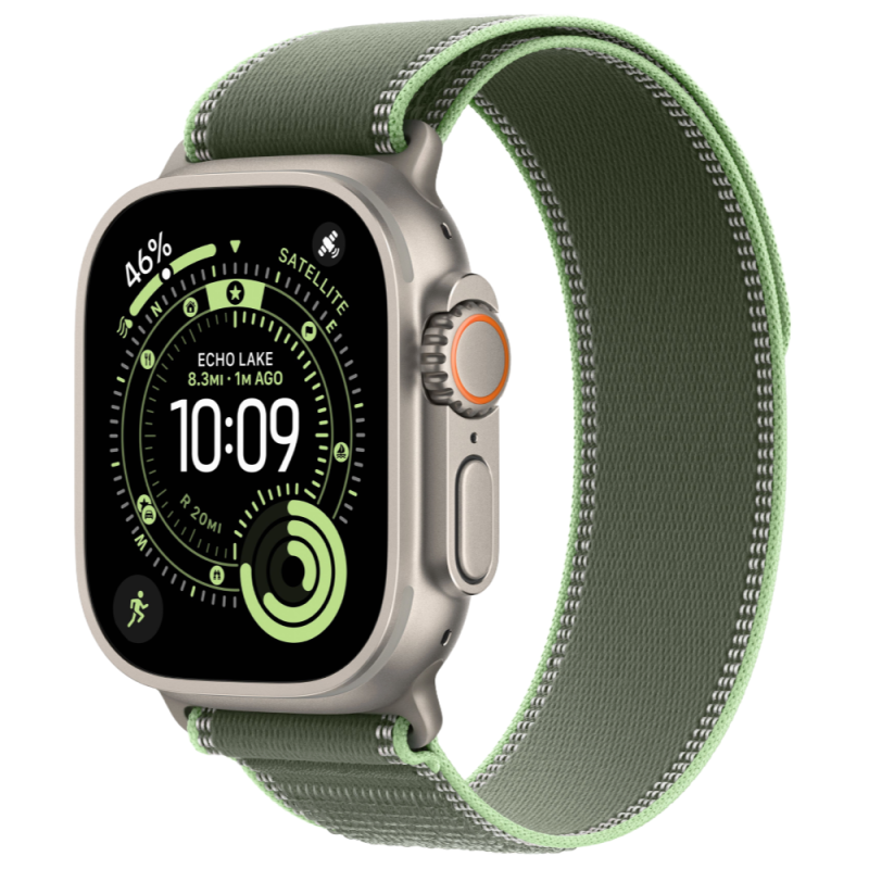 Фото Apple Watch Ultra 3 GPS + Cellular, 49 мм, корпус из натурального титана, ремешок Trail, цвет зелёный, M/L На фото изображено Apple Watch Ultra 3 GPS + Cellular, 49 мм, корпус из натурального титана, ремешок Trail, цвет зелёный, M/L