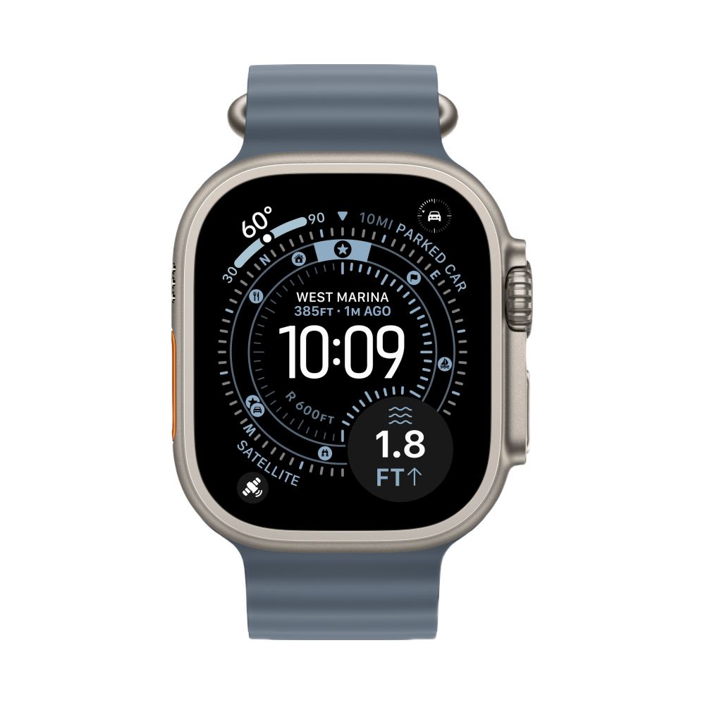 Фото Apple Watch Ultra 3 GPS + Cellular, 49 мм, корпус из натурального титана, ремешок Ocean Band, цвет синий На фото изображено Apple Watch Ultra 3 GPS + Cellular, 49 мм, корпус из натурального титана, ремешок Ocean Band, цвет синий