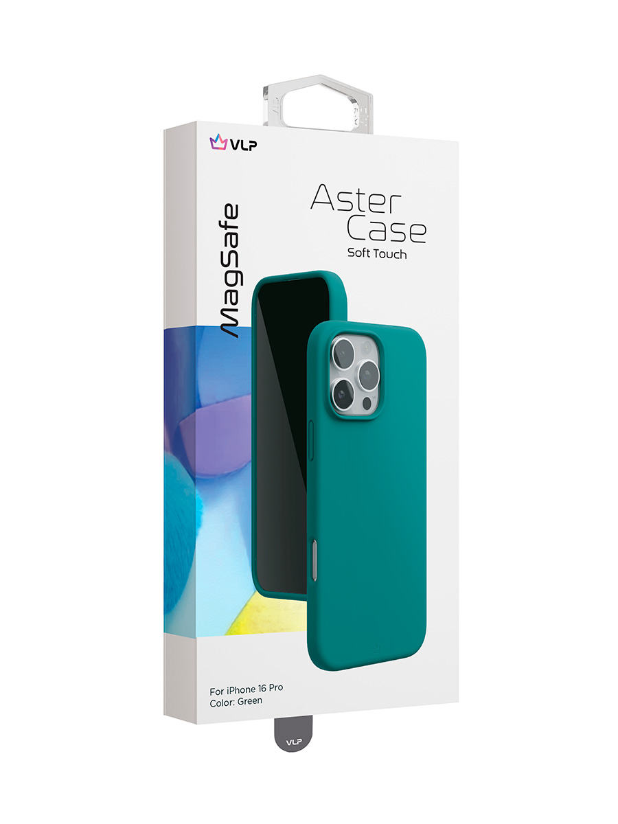 На фото изображено Чехол защитный VLP Aster Case с MagSafe для iPhone 16 Pro, зеленый