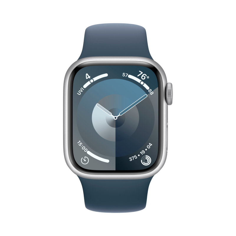 Apple Watch Series 9, 45 мм, корпус из алюминия цвета «Серебристый», спортивный ремешок, размер S/M Apple Watch Series 9, 45 мм, корпус из алюминия цвета «Серебристый», спортивный ремешок, размер S/M