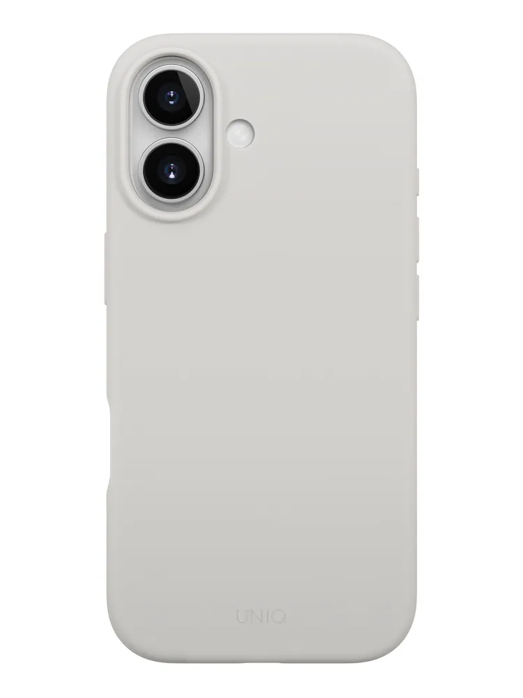 На фото изображено Чехол Uniq Lino MagSafe для iPhone 17, серый