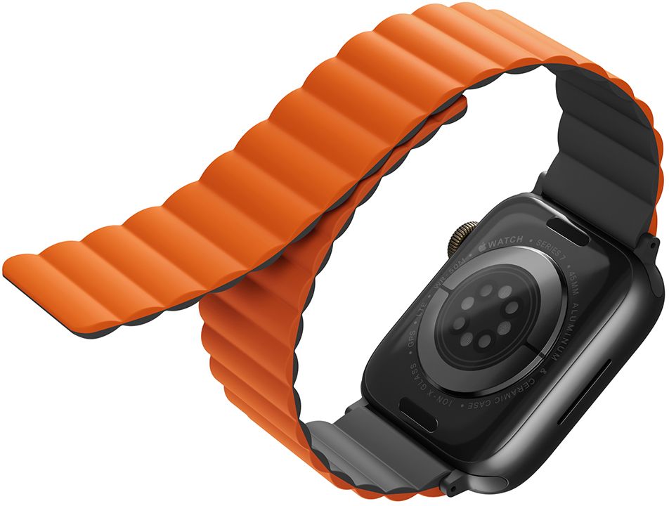 На фото изображено Ремешок силиконовый двусторонний Uniq для Apple Watch (44,45,46,49 мм), оранжевый-серый