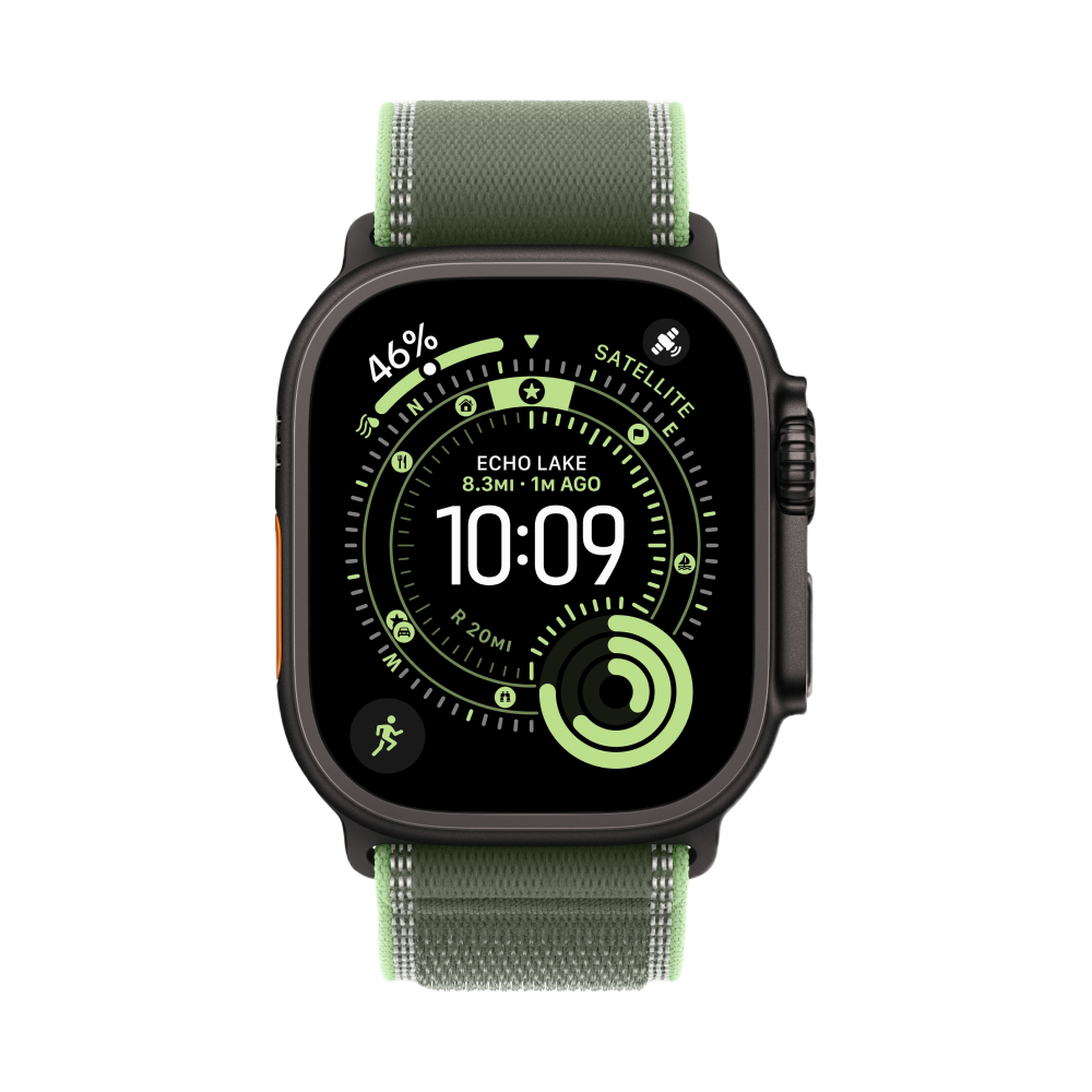 Фото Apple Watch Ultra 3 GPS + Cellular, 49 мм, корпус из чёрного титана, ремешок Trail, цвет зелёный, M/L На фото изображено Apple Watch Ultra 3 GPS + Cellular, 49 мм, корпус из чёрного титана, ремешок Trail, цвет зелёный, M/L