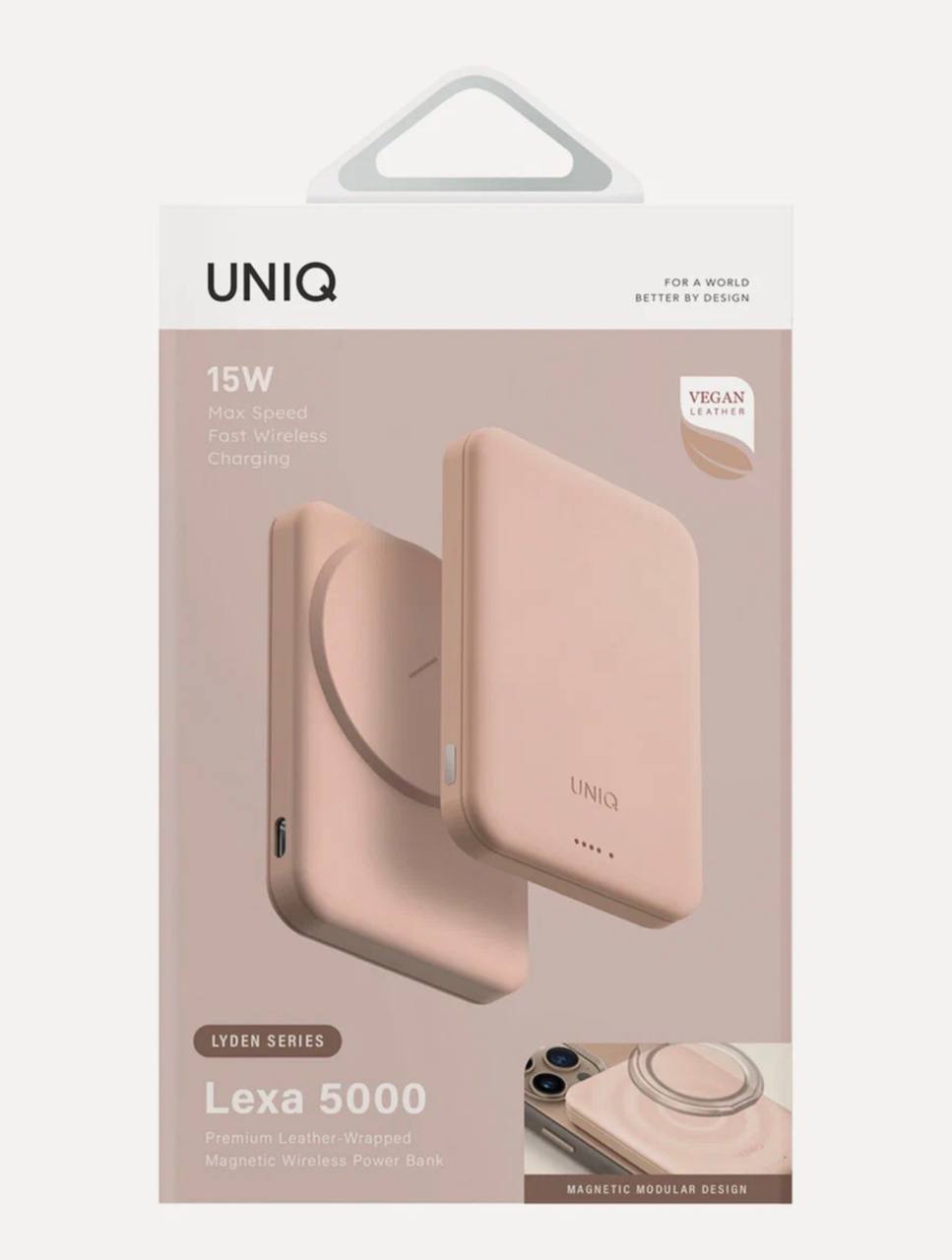 На фото изображено Внешний аккумулятор Uniq Lexa 5000 mAh, розовый