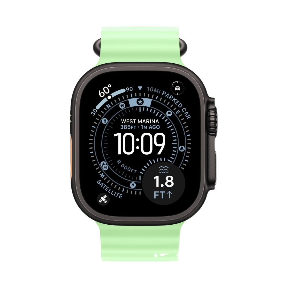 Фото Apple Watch Ultra 3 GPS + Cellular, 49 мм, корпус из чёрного титана, ремешок Ocean Band, цвет неоновый зелёный На фото изображено Apple Watch Ultra 3 GPS + Cellular, 49 мм, корпус из чёрного титана, ремешок Ocean Band, цвет неоновый зелёный