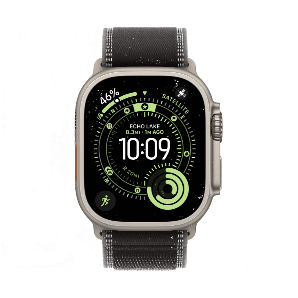 Фото Apple Watch Ultra 3 GPS + Cellular, 49 мм, корпус из натурального титана, ремешок Trail, цвет чёрный, S/M На фото изображено Apple Watch Ultra 3 GPS + Cellular, 49 мм, корпус из натурального титана, ремешок Trail, цвет чёрный, S/M