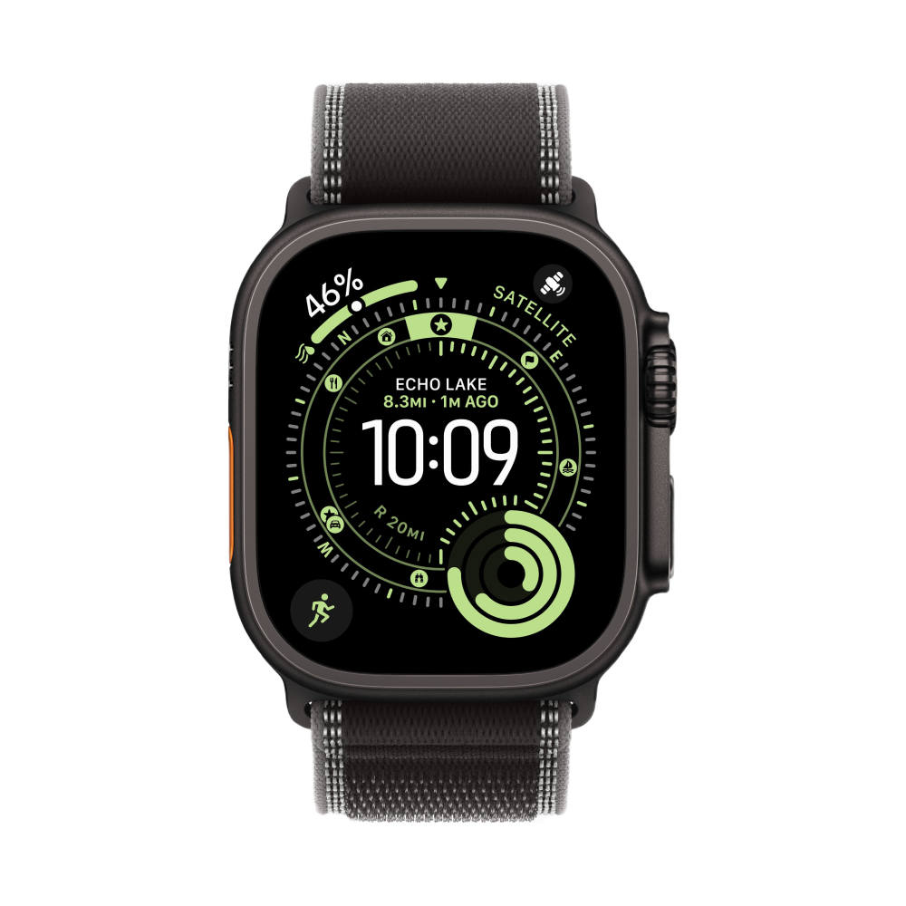 Фото Apple Watch Ultra 3 GPS + Cellular, 49 мм, корпус из чёрного титана, ремешок Trail, цвет чёрный, S/M На фото изображено Apple Watch Ultra 3 GPS + Cellular, 49 мм, корпус из чёрного титана, ремешок Trail, цвет чёрный, S/M