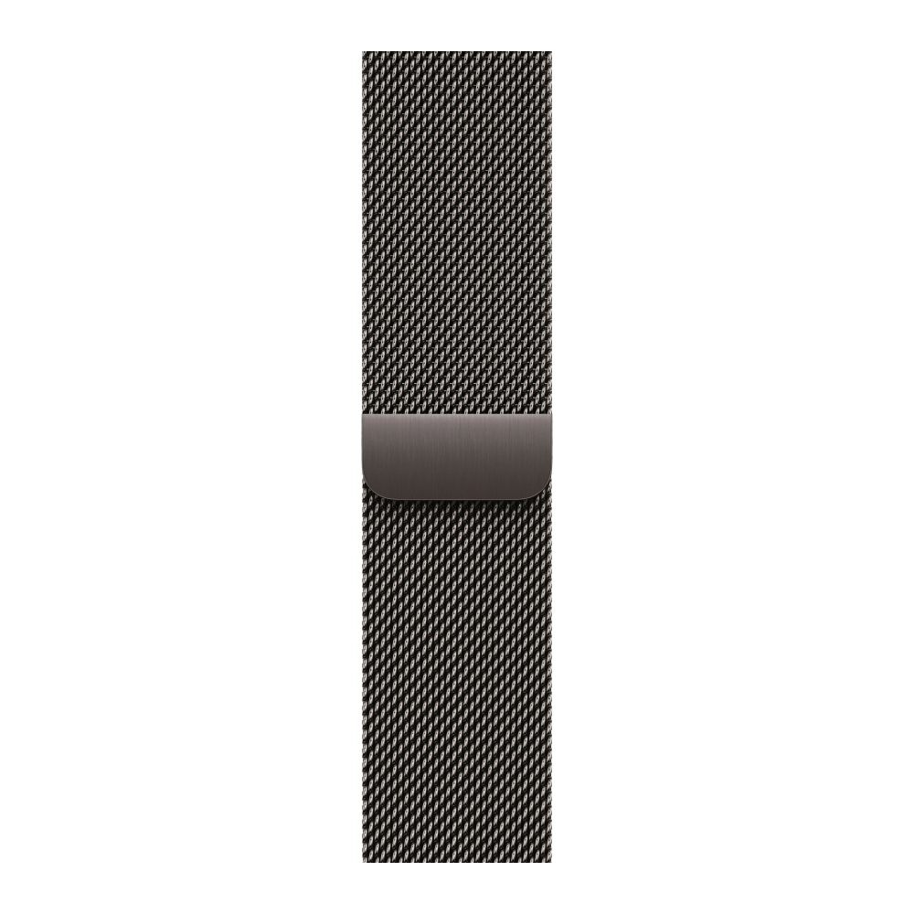 На фото изображено Apple Watch Series 11, 46 мм, корпус из титана цвета «серый», ремешок Milanese серого цвета, размер S/M