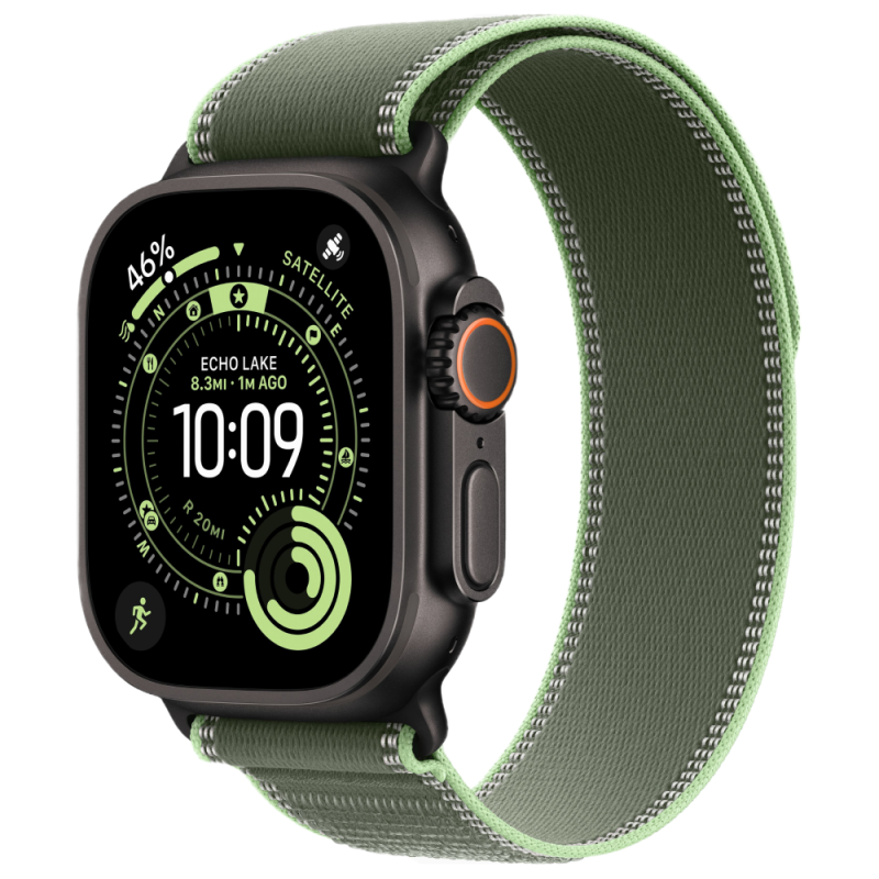 Фото Apple Watch Ultra 3 GPS + Cellular, 49 мм, корпус из чёрного титана, ремешок Trail, цвет зелёный, M/L На фото изображено Apple Watch Ultra 3 GPS + Cellular, 49 мм, корпус из чёрного титана, ремешок Trail, цвет зелёный, M/L
